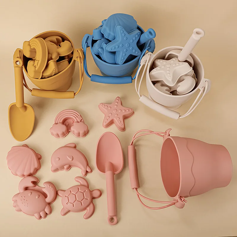 8pcs/set Children Toys Silicone Beach Toy Set with Bucket and Six Accessories Fun Outdoor Play Sand for Kids