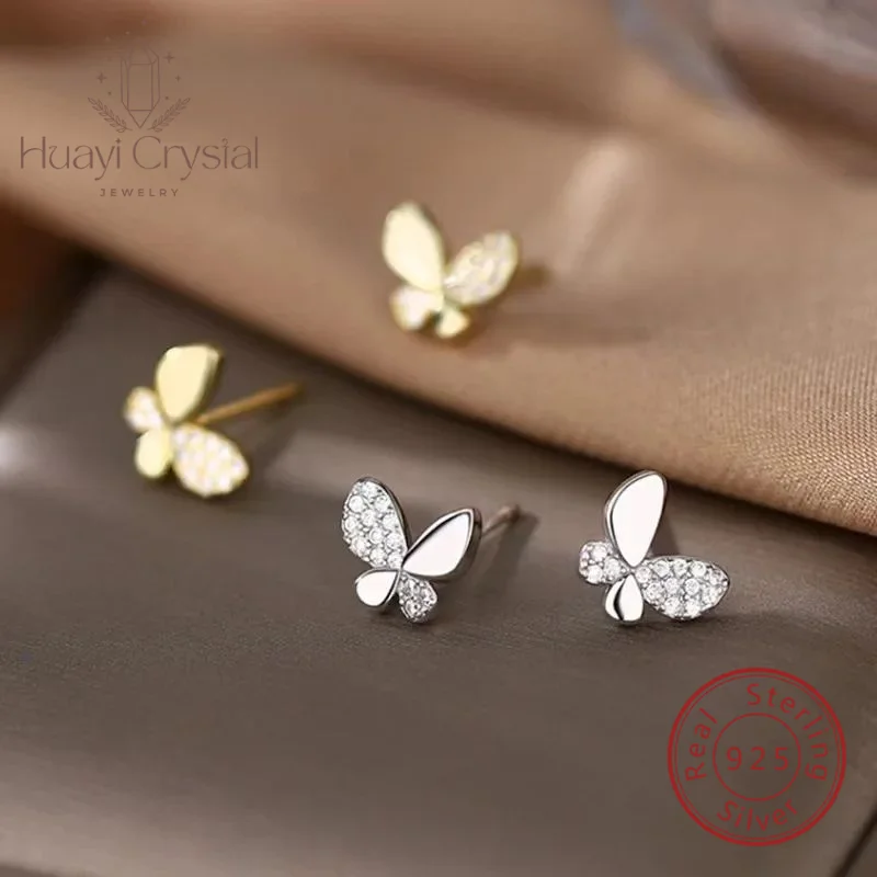 

Sterling silver butterfly studs Diamond niche design mini zircon bow earrings gold plated fashion New