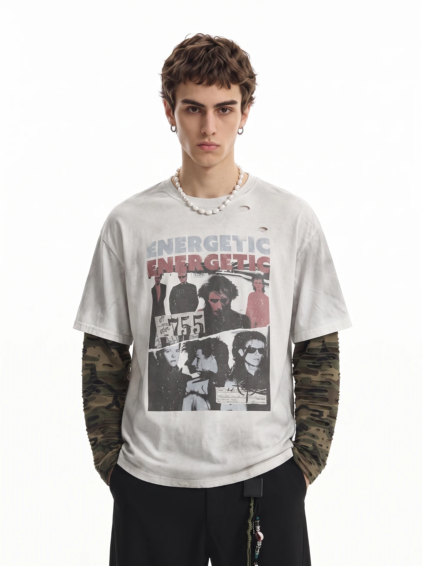 American High Street Vintage Men's Long Sleeve T-Shirt with Print And Ripped Design Loose Fit Casual Top for Youth