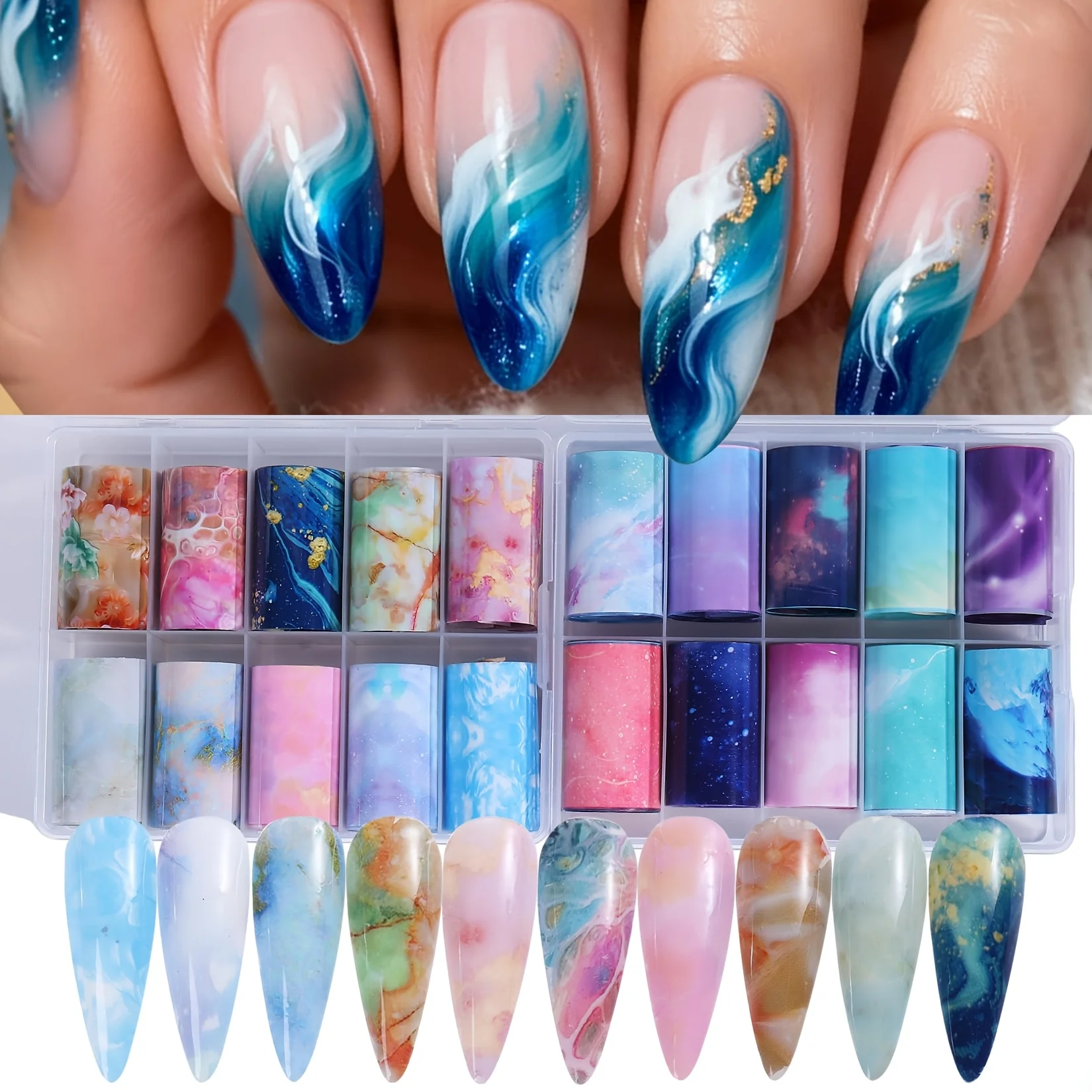 20 Pieces of Bagged Marble Starry Sky Nail Art Transfer Stickers Holographic Marble Pattern Flower Nail Stickers DIY Gradient Starry Sky Paper Nail Transfer Foil Stickers