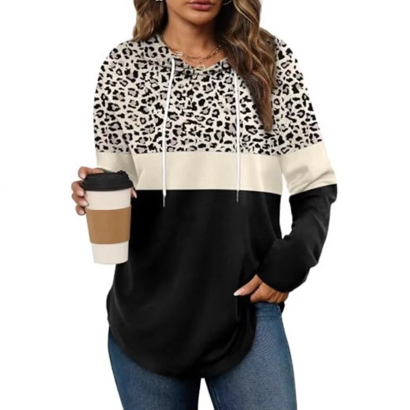 

Women's Spring Autumn New Hooded Sweatshirt Leopard Print Plaid Stripe Print Trendy Versatile Fashion Casual Pullover Top