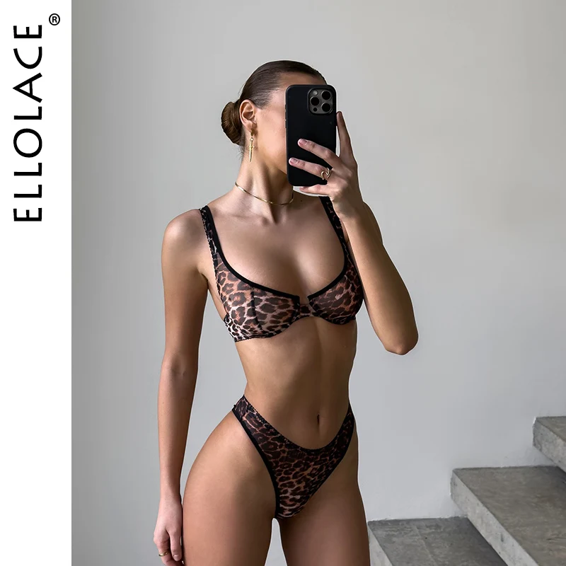 

Ellolace Ladies' Sexy Lingerie Leopard Ultra Hot Underwear For Women Sissy See Through Half Cup Bra Thong Set Call Of The Night