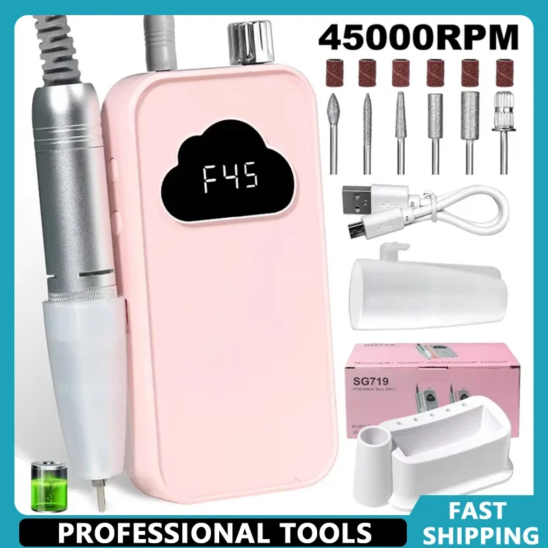 Profesional 45000RPM Electric Nail Drill Rechargeable Electric Portable Nail Sander File for Gel Nails Polishing Salon Tool