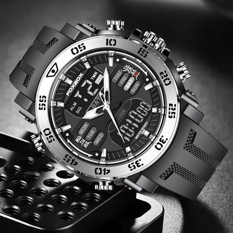 ساعة FOXBOX للغوص للرجال من أفضل العلامات التجارية الفاخرة، ساعة رجالية رياضية خارجية مقاومة للماء، ساعة يد كوارتز رقمية مضيئة للرجال