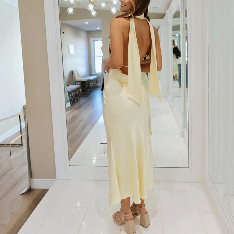 Fashion Backless Halter Dresses Spring Women V Neck Sleeveless Slim Long Dress Summer High Waist Pullover Ankle Length Dress