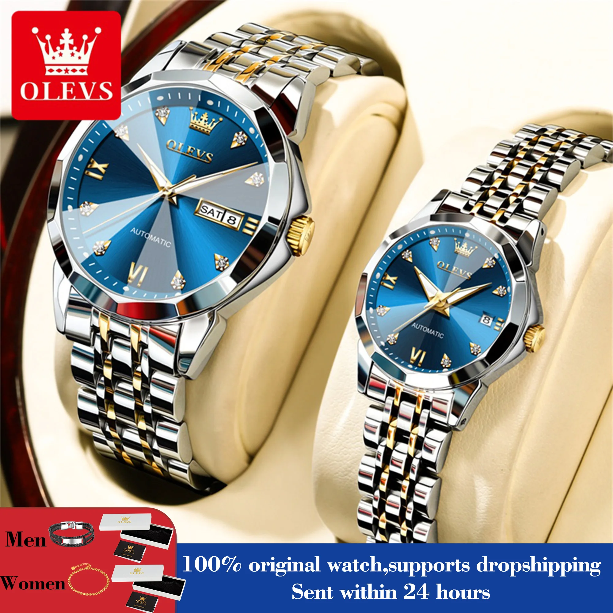 

OLEVS 9982 автоматические часы с ромбом и зеркалом, механические часы для пар для мужчин и женщин, римские весы, роскошные модные водонепроницаемые ручные часы