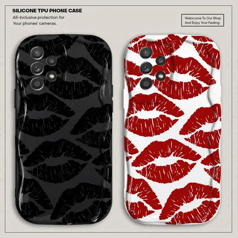 Sexy Girl Red Black Lips Kiss Phone Case for Samsung Galaxy A55 A35 A15 A54 A52 A33 A34 A24 A23 A22 A14 A13 A12 5G Wave Soft