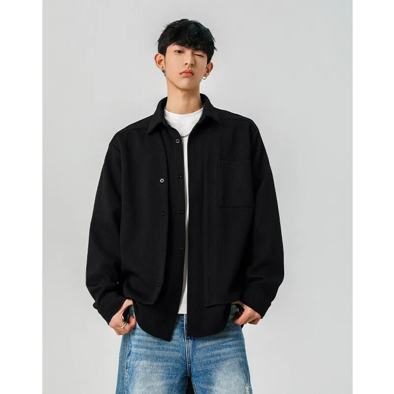 Men's Fake Two-Piece Waffle Texture Long Sleeve Loose-Fit Shirt - Layered Look Casual Top, Breathable Comfortable Fabric, Trendy