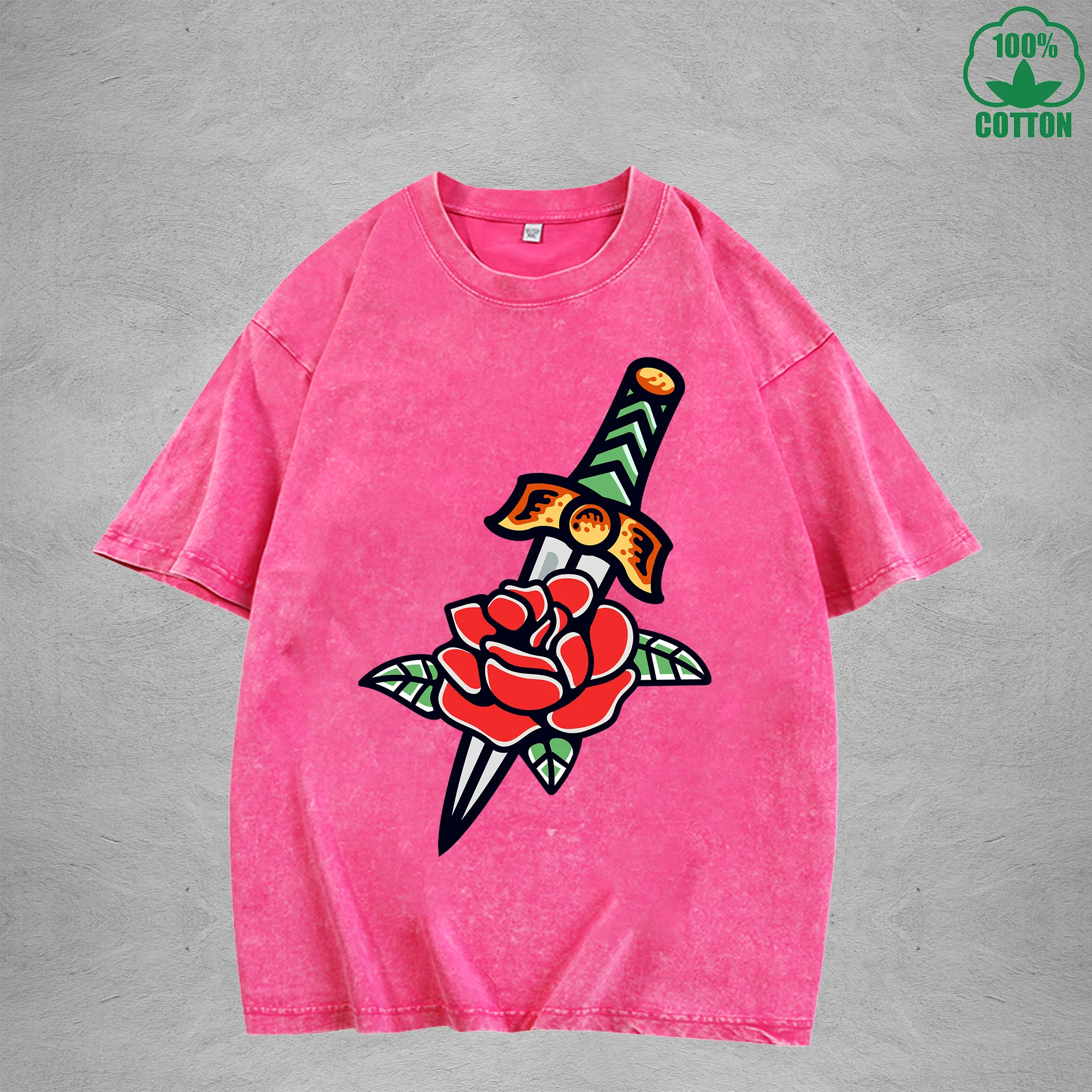 

Rose Dagger Interest Printed Washed T-Shirt 230G Multicolor Loose Trendy Fashionable 100%Cotton Short Sleeve Top