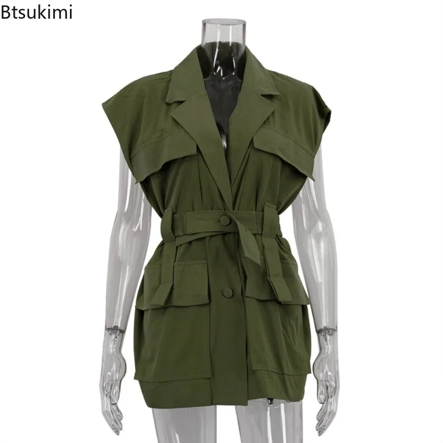 2025 Summer Sleeveless Workwear Shirt Multi-Pocket Design Women Loose  Tops Lapel Collar Button Fashion Solid Color Cardigan Top