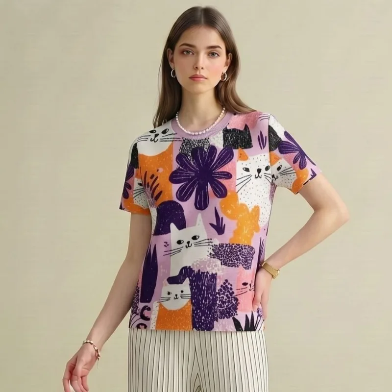  Pleated T-Shirt 2026 Summer New Cat and Plant Print Casual Versatile Commuter Round Neck Stretch Plus Size Top for Women