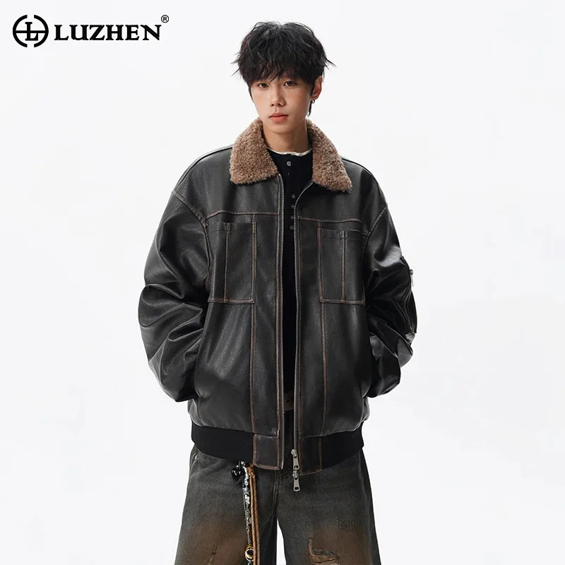 

LUZHEN куртка из искусственной кожи с воротником из овечьей шерсти, мужская зимняя новинка 2025 года, оригинальное красивое пальто с вышивкой в винтажном стиле JY4848