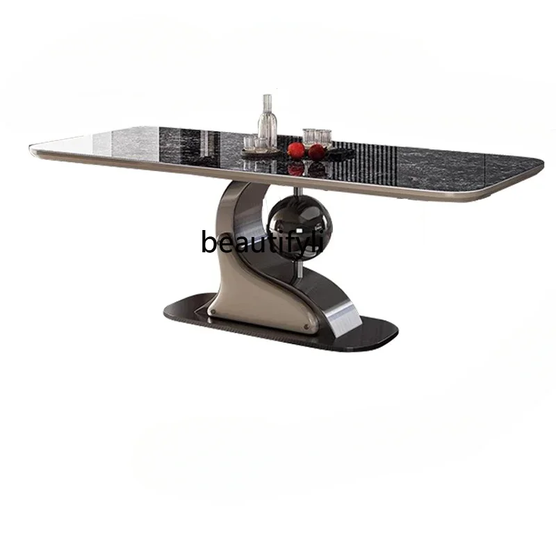 

Minimalist Stone Plate Dining-Table Chair Combination Household Italian Light Luxury Stainless Steel Luxury Stone Rectangula