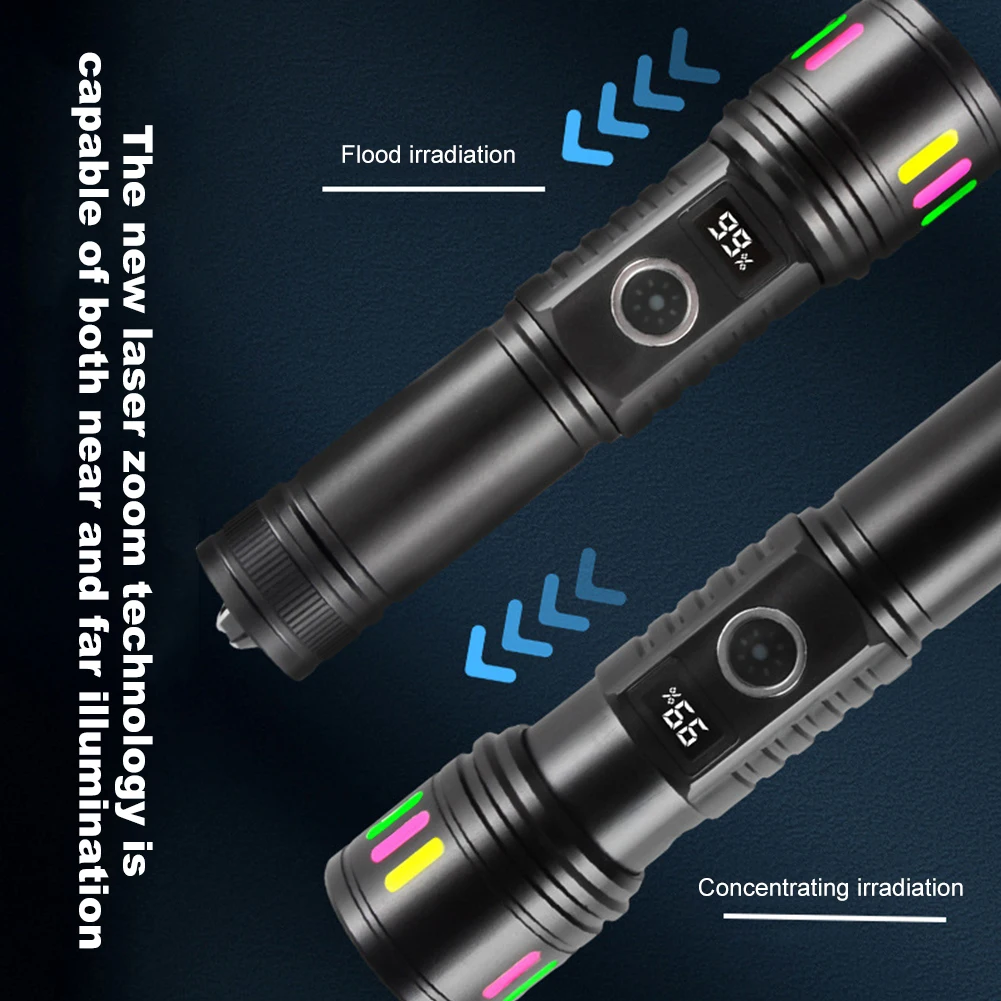 Handheld LED Flashlight USB Charging Powerful Zoomable Flashlight Power Display Super Bright Light for Camping Hiking