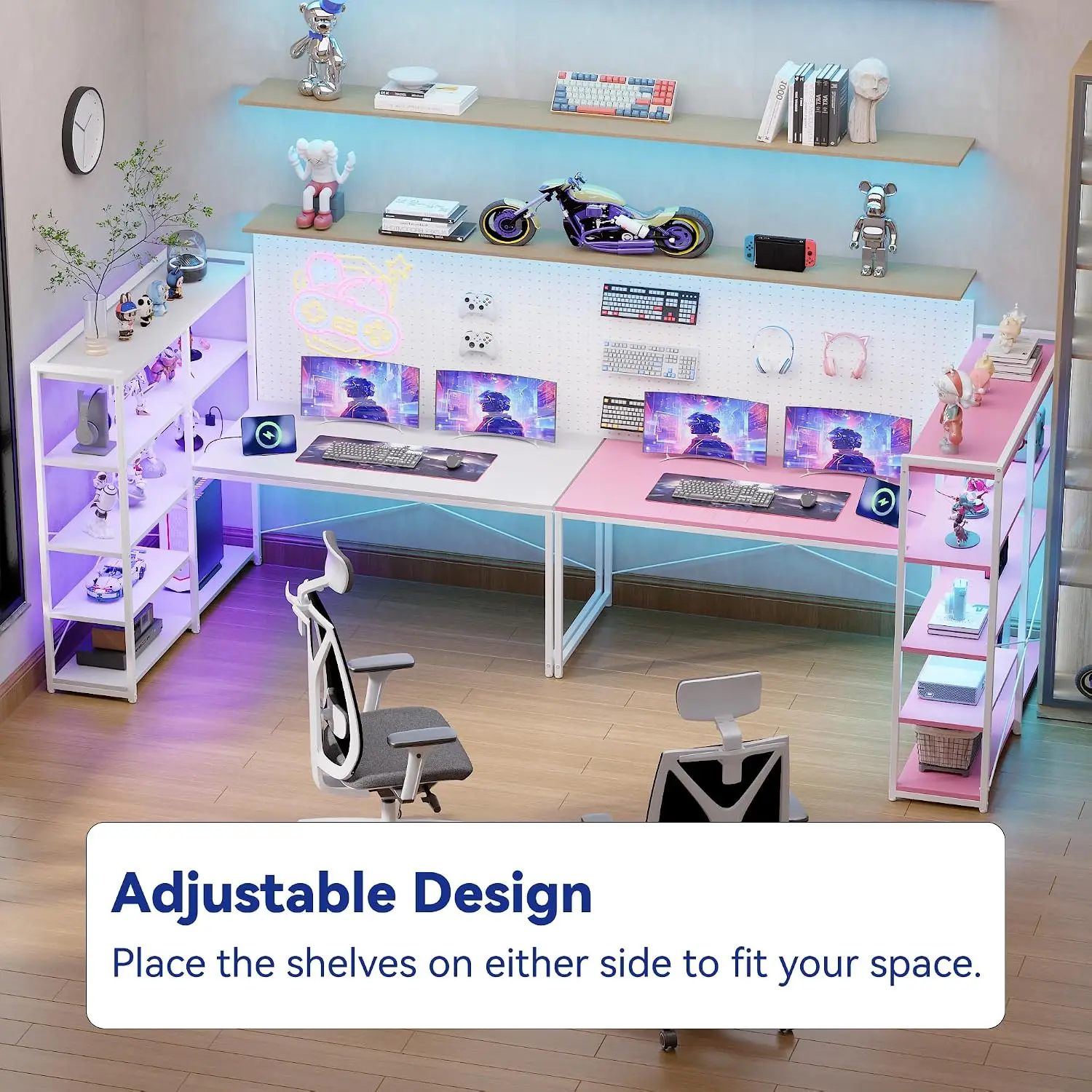 49 Inch L Shaped Gaming Computer Desk with Shelves and Storage | Compact Reversible Design with LED Lights & Power Outlets, Suit