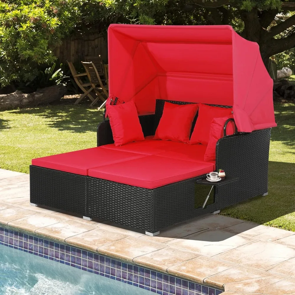 

Outdoor Hand-Woven PE Wicker Daybed Patio Loveseat Sofa Set with Retractable Canopy & 2 Side Tables, Outdoor Sun Lounger