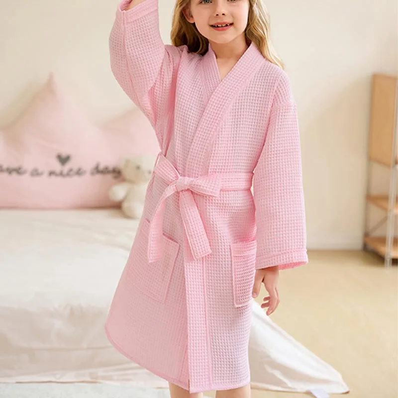 Children's Bathrobe Nightgown Cotton Waffle Weave Kids Bathrobe Spring and Summer Friendly Absorbent Machine Washable