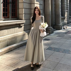 Long Dresses Women Autumn Basic Elegant Pure Defined Gentle A-line Square Collar Vintage Long-sleeve French Style Lady Vestidos