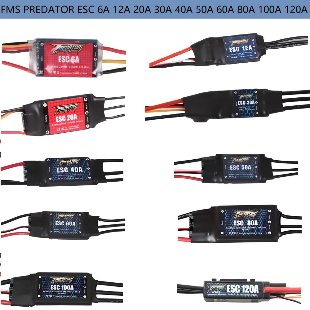 FMS Predator Electronic Speed Control ESC 6A 20A 30A 50A 60A 80A 100A 120A RC Plane Fixed Wing Model Parts