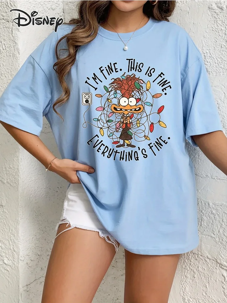 

Disney Inside Out Joy Loose-Fit Casual Cotton T-Shirt Cartoon Print Crew Neck Short Sleeve Fun Everyday Wear Top