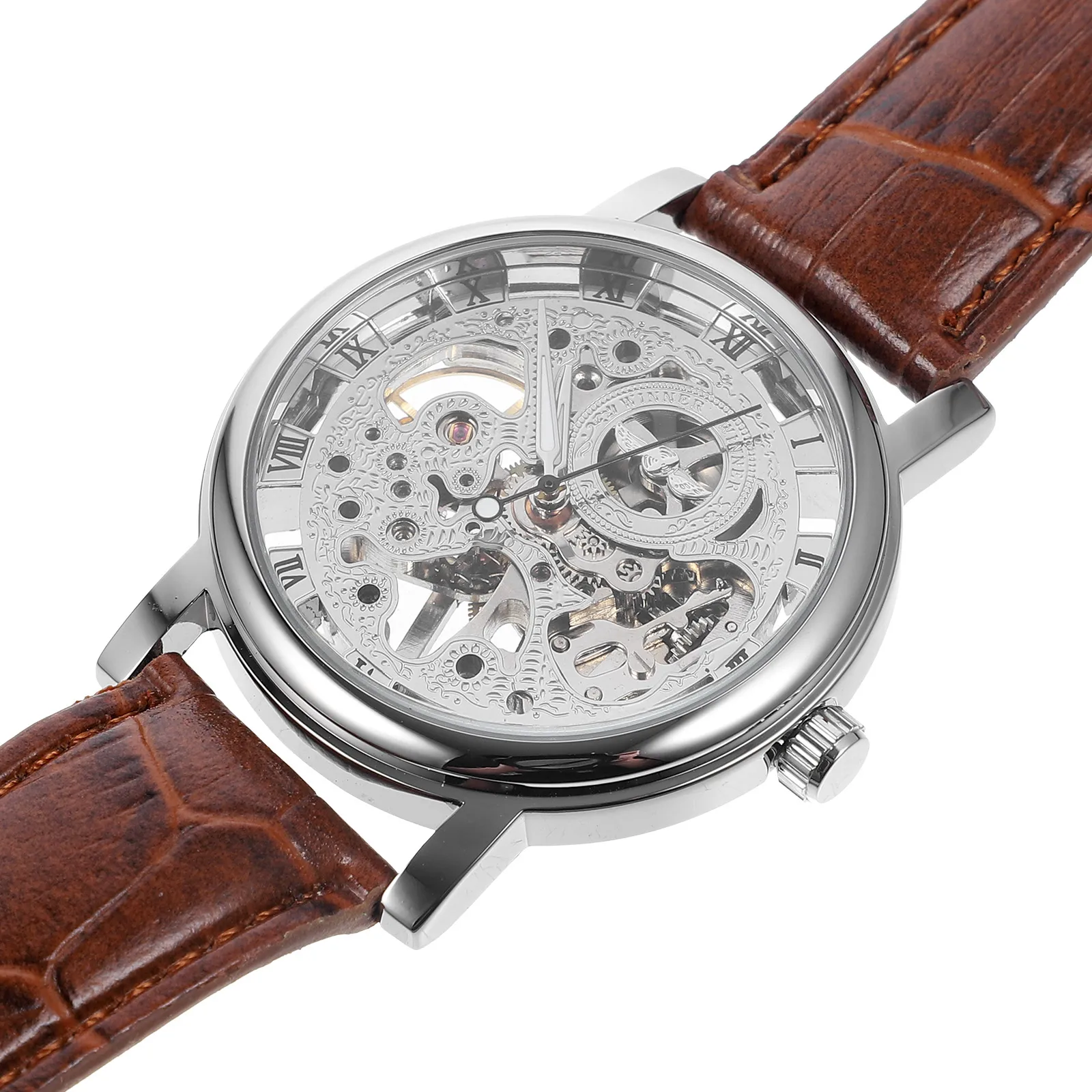 

Men Mechanical 036 Silver Brown Hollow-Out Round Dial Manual Winding Adjustable PU Band Timekeeping