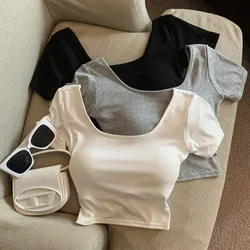 Cotton Square Neck T-Shirt Women Summer Solid Korean Casual Slim Crop Tops Female Fashion Streetwear Simple Basic All-Match Tees