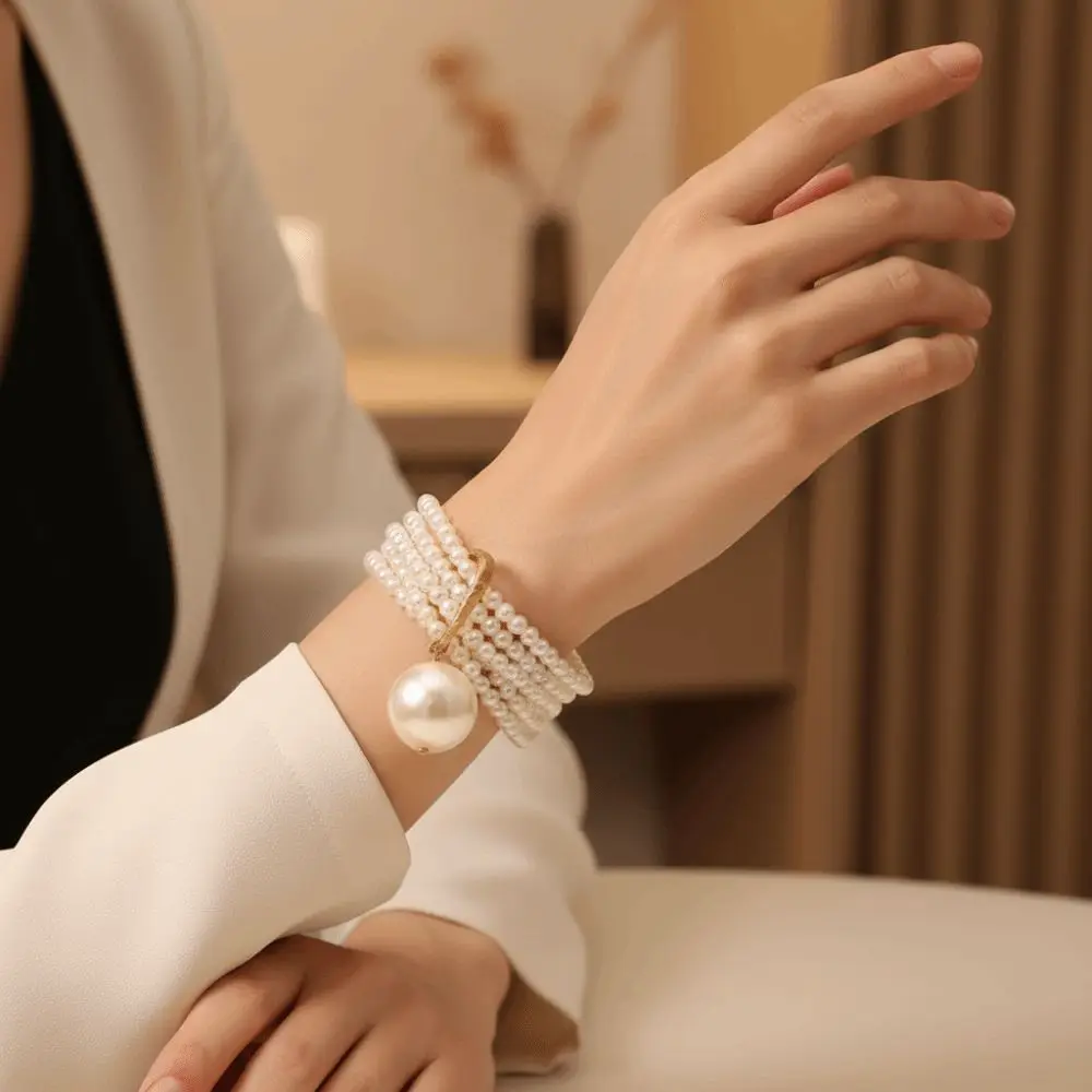 Stackable Bangle Multi-Strand Pearl Bracelet Baroque Stretchy Cuff Bangle Chunky Elastic Beaded Wristband Bride-to-be