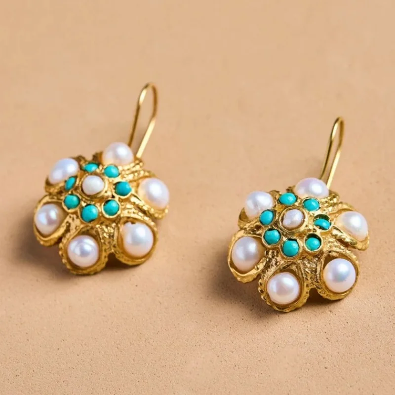 Creative Ethnic Style Imitation Pearl Earring Party Handmade Jewelry Gift Vintage Court Gold Color Ornate for Women