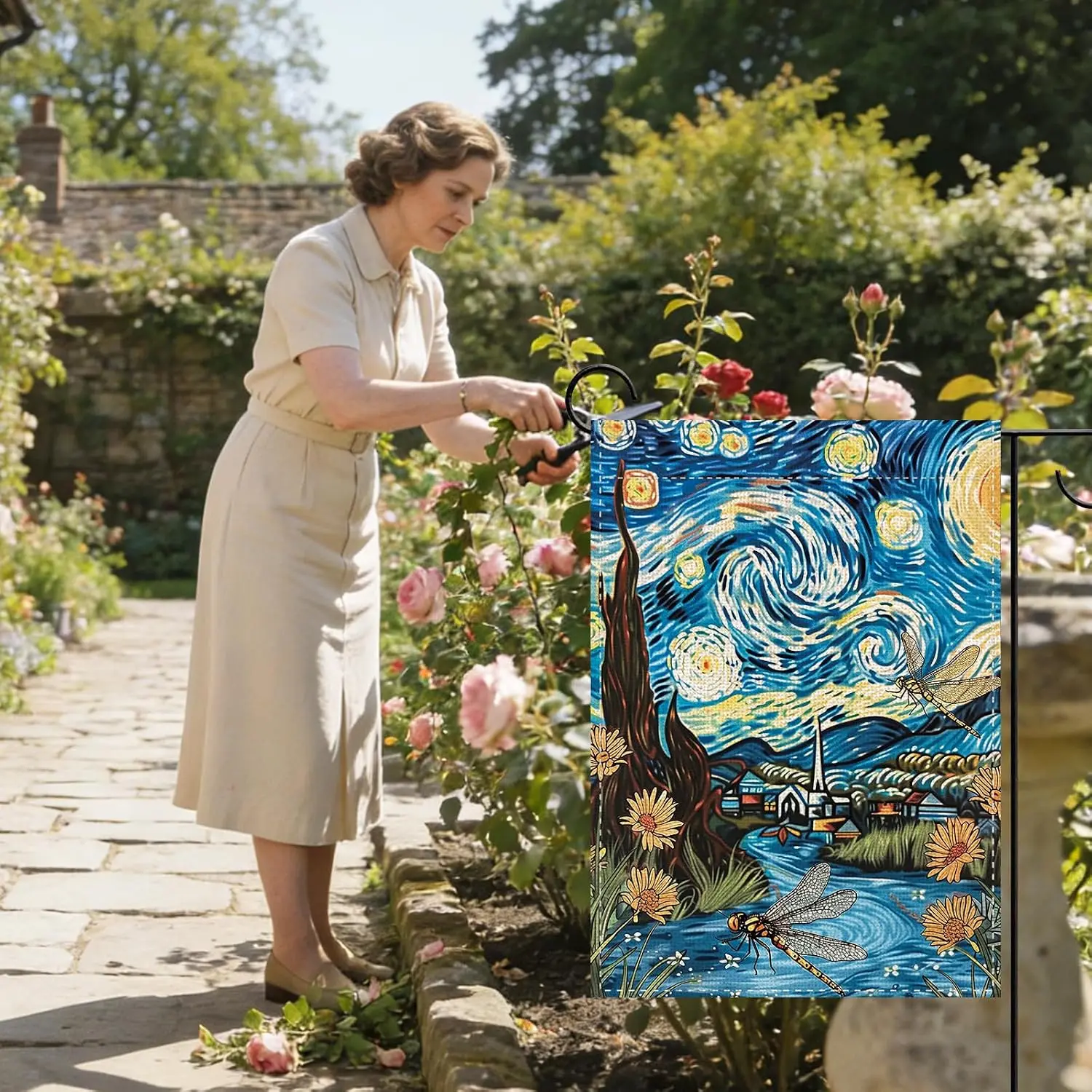 Spring Summer Starry Night Decorative Garden Flag, Abstract Oil | Painting Art Dragonfly Floral Small Yard Outside Decoratio uui