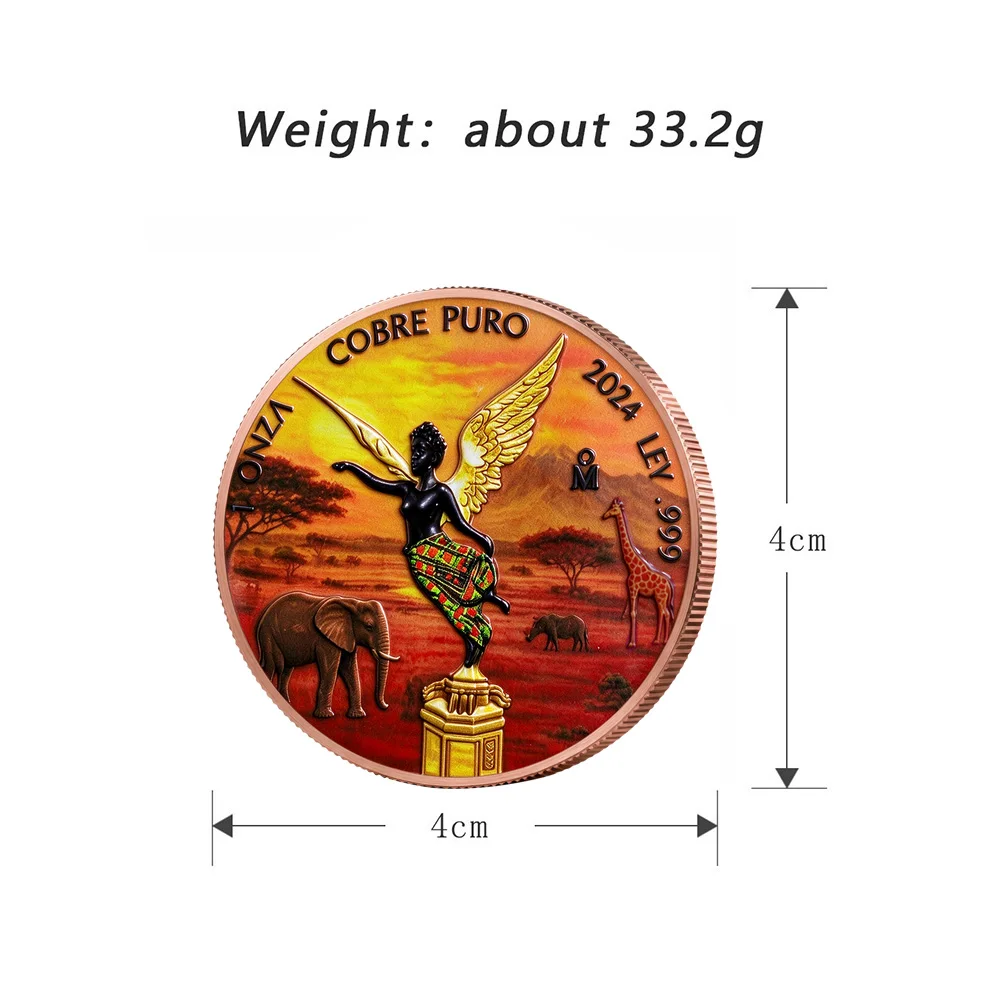 1oz .999 Fine Copper African Libertad Angel Coin Onza Cobre Puro Big Five Lion Elephant Rhino Buffalo Leopard Safari Color Gift
