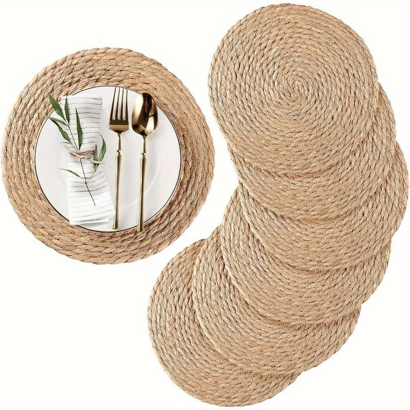 6pcs Set Natural Woven Placemats - Round, Heat-Resistant Table Mats for Dining & Outdoor Use, Farmhouse Bohemian Style