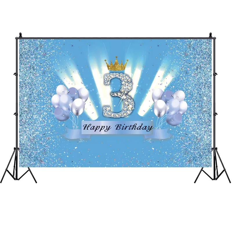 Blue 3rd Backdrop Glod Crown Newborn Baby Shower Prince Boys 3 Years Old Birthday Party Photo Background Photocall Prop Banner