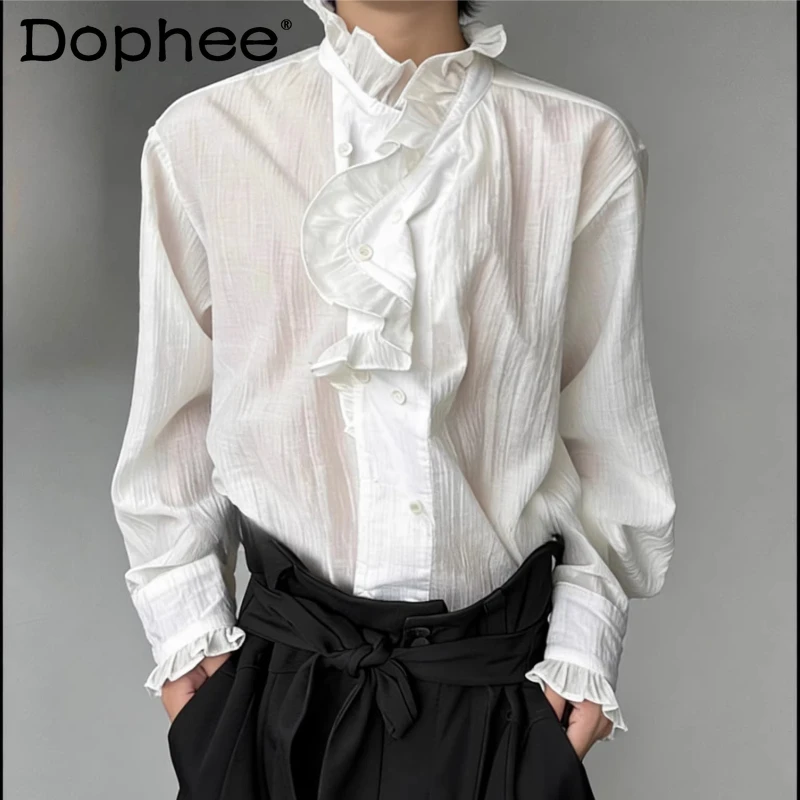 

2026 Men's Spring Fashion Shirts Men's Wood Ear Edge Stand Collar Long Sleeve Tops Male Stylish Loose Comfort Solid Color Shirts