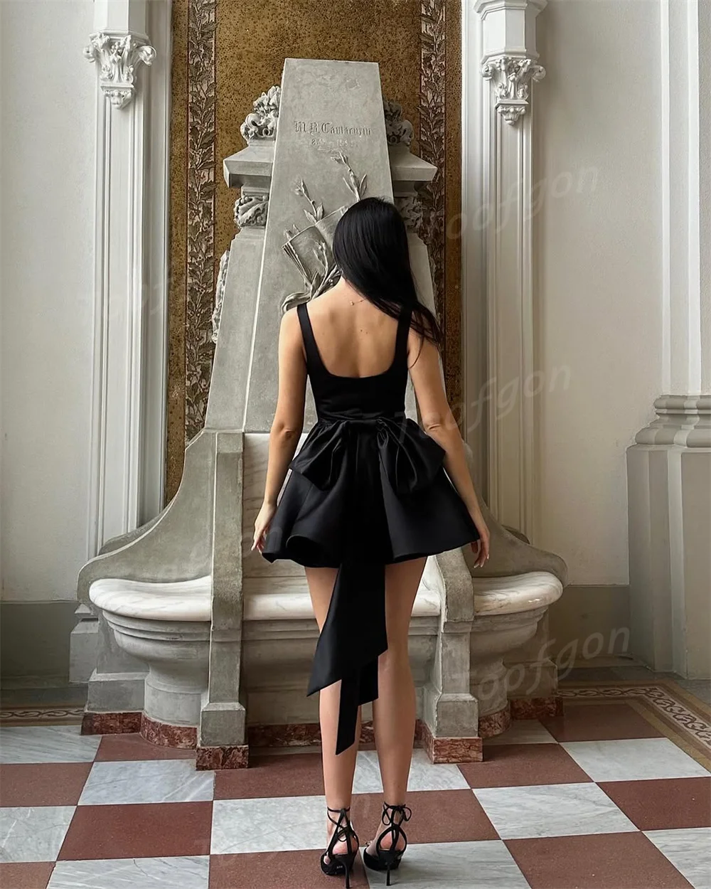 Toofgon U Neck Black Short Mini Evening Dresses Customized Satin A Line Wide Strap Prom Dress Women Above Knee Formal Party Gown