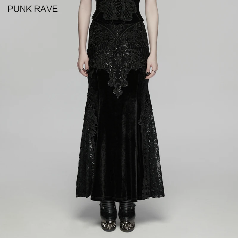 PUNK RAVE Women's Gothic Velvet and Lace Embroidered Nobility Dark Skirt Party Club Elegance Halloween Long Skirts for Women