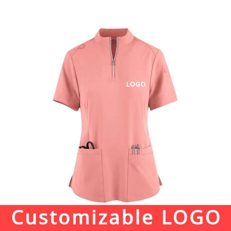 Customizable LOGO Suits Doctor Nursing Uniforms Short Sleeve Zipper Stand Collar Tops Pocket Pants Set Medical Clinical Clothes