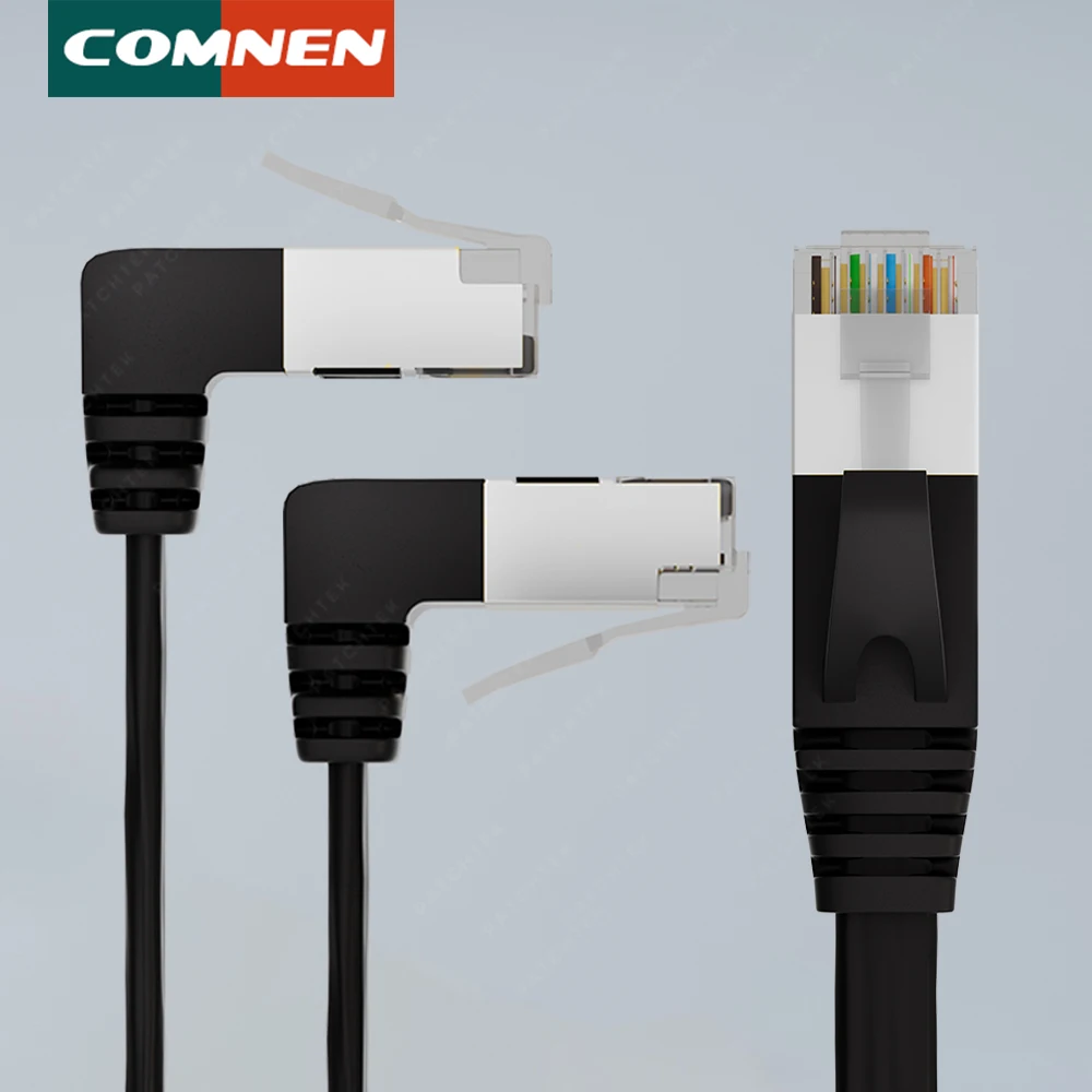 COMNEN Cat7 Płaski kątowy kabel Ethernet RJ45 SSTP 90 stopni w górę w dół Patch Cord 1/3/5 stóp Sieć Lan dla routera Modem PC PS4