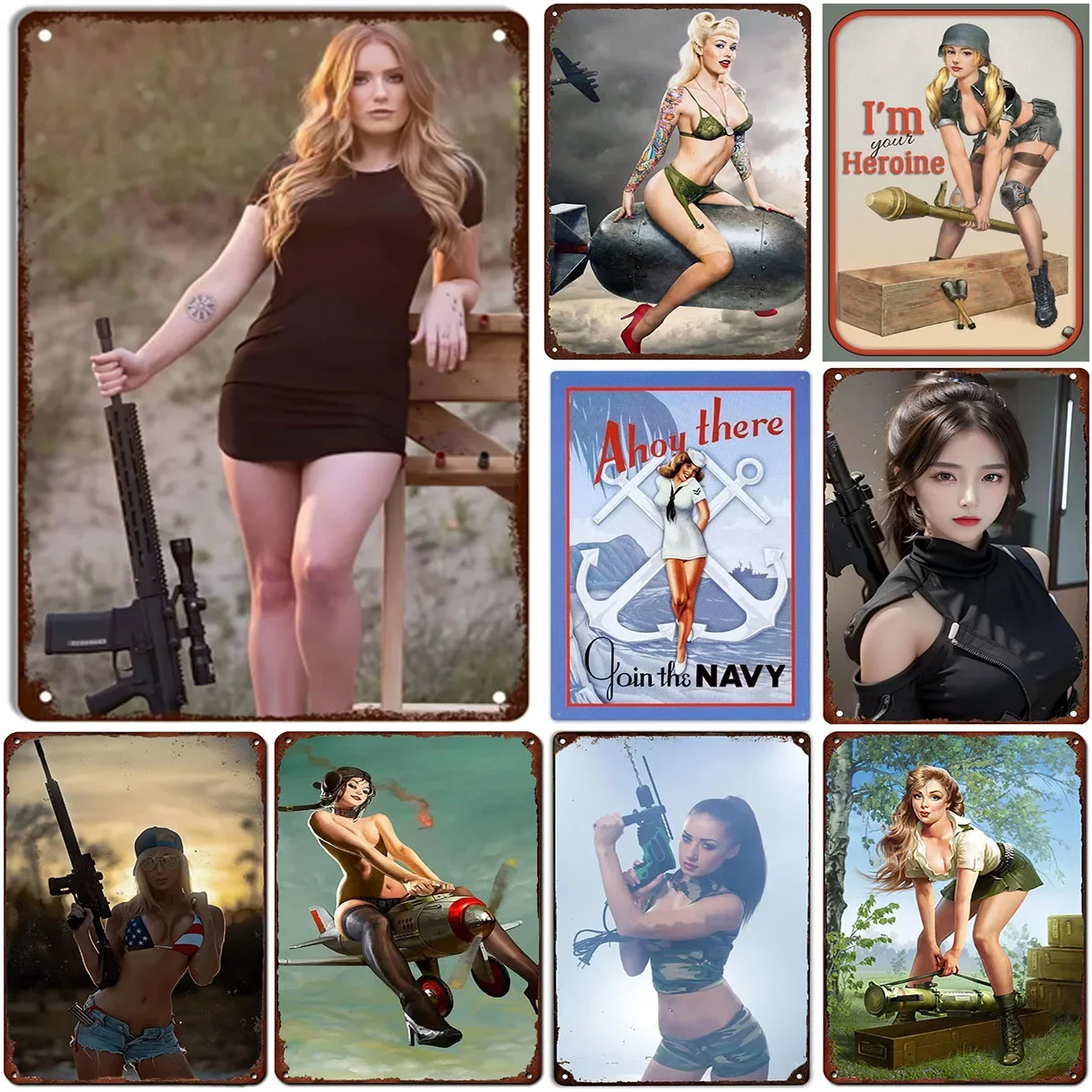 Letreros Metálicos de Chicas Pin-up, Placas Decorativas de Pared, Pósters Militares Vintage, Cuadros de Hierro para Cuarto de Hombre, Hogar, Cafetería, Jardín, Club, Bar