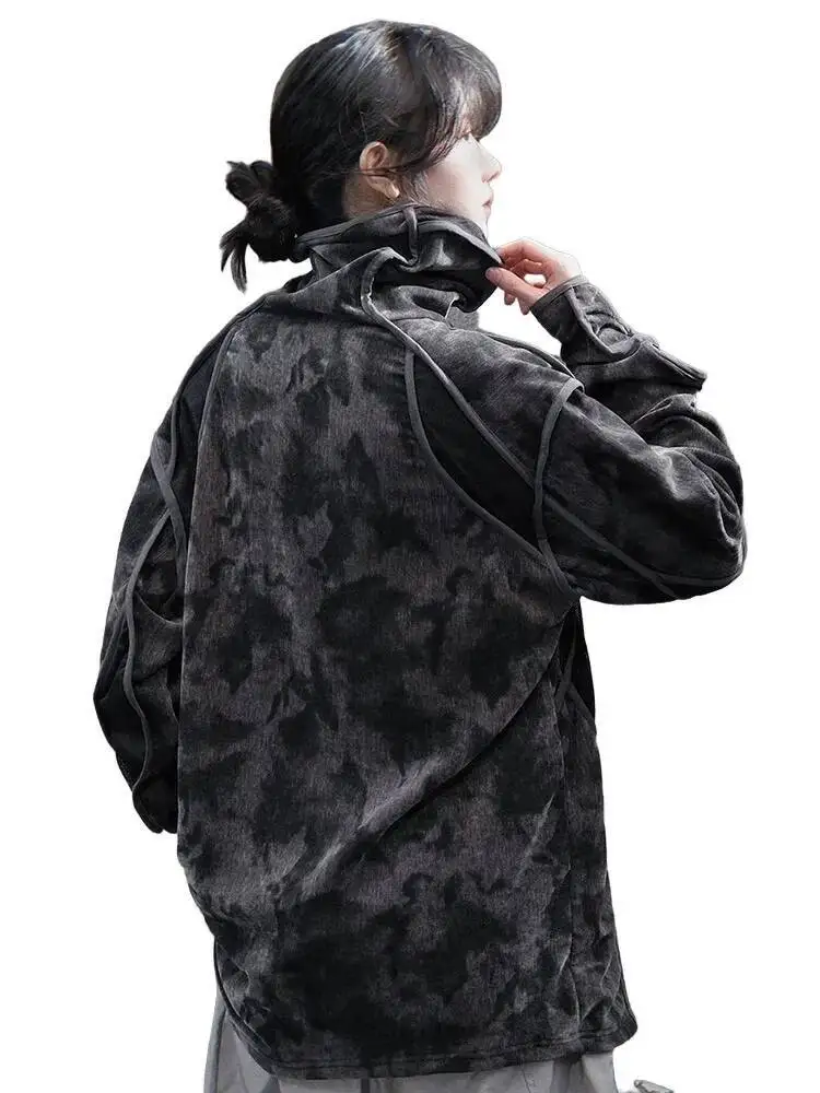 Man Women Sweatshirt 2025 Spring Unisex Long Sleeve T-shirt Loose Tie Dye Printed Finger Hole Turtleneck Basic Sweatshirt