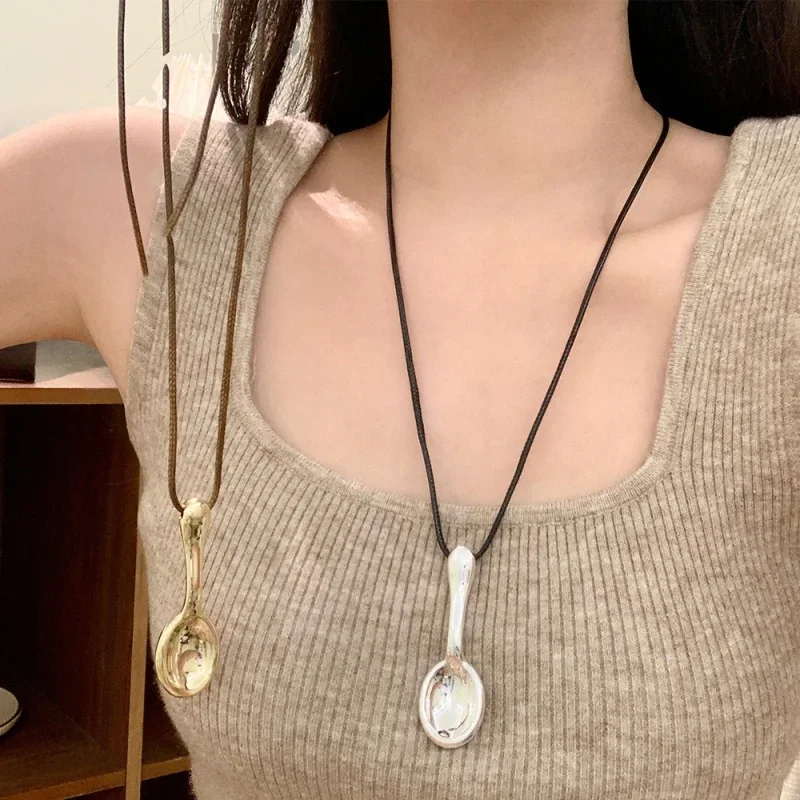 Women's Fashion Vintage Mini Spoon Pendant Necklace Long Chain Jewelry Dropship