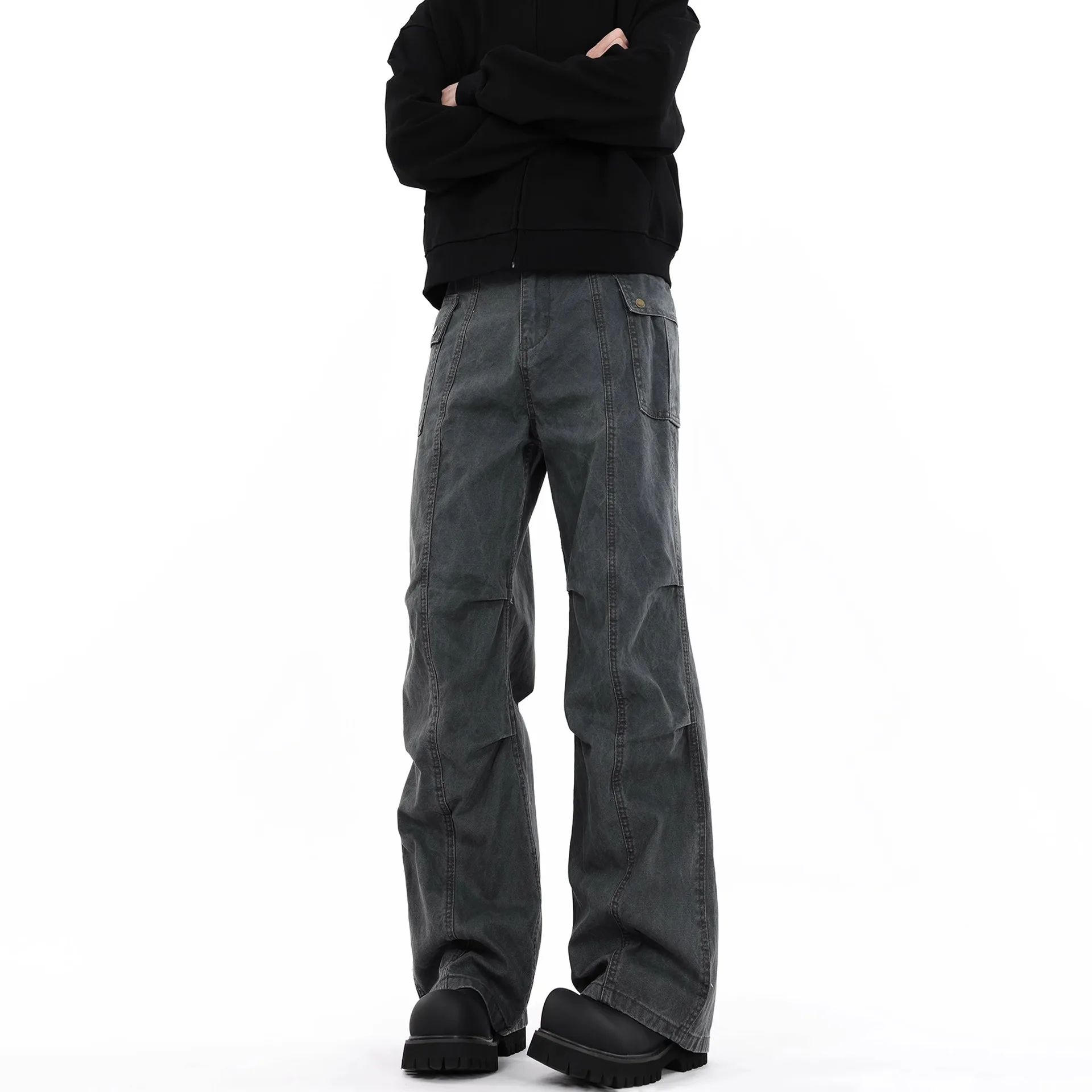 Pleated Cargo Jeans Straight-leg Man Loose Casual Wide-leg Pant Loose Casual All-matching Solid Simple Fashionable Comfortable