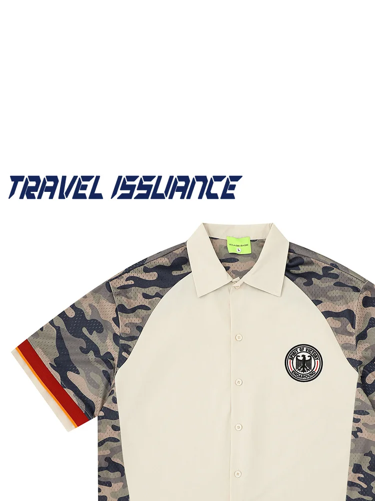 

Travel Issuance Camouflage Patchwork American Sportswear Contrast Color Embroidery Loose Short Sleeve Shirt Casual Style