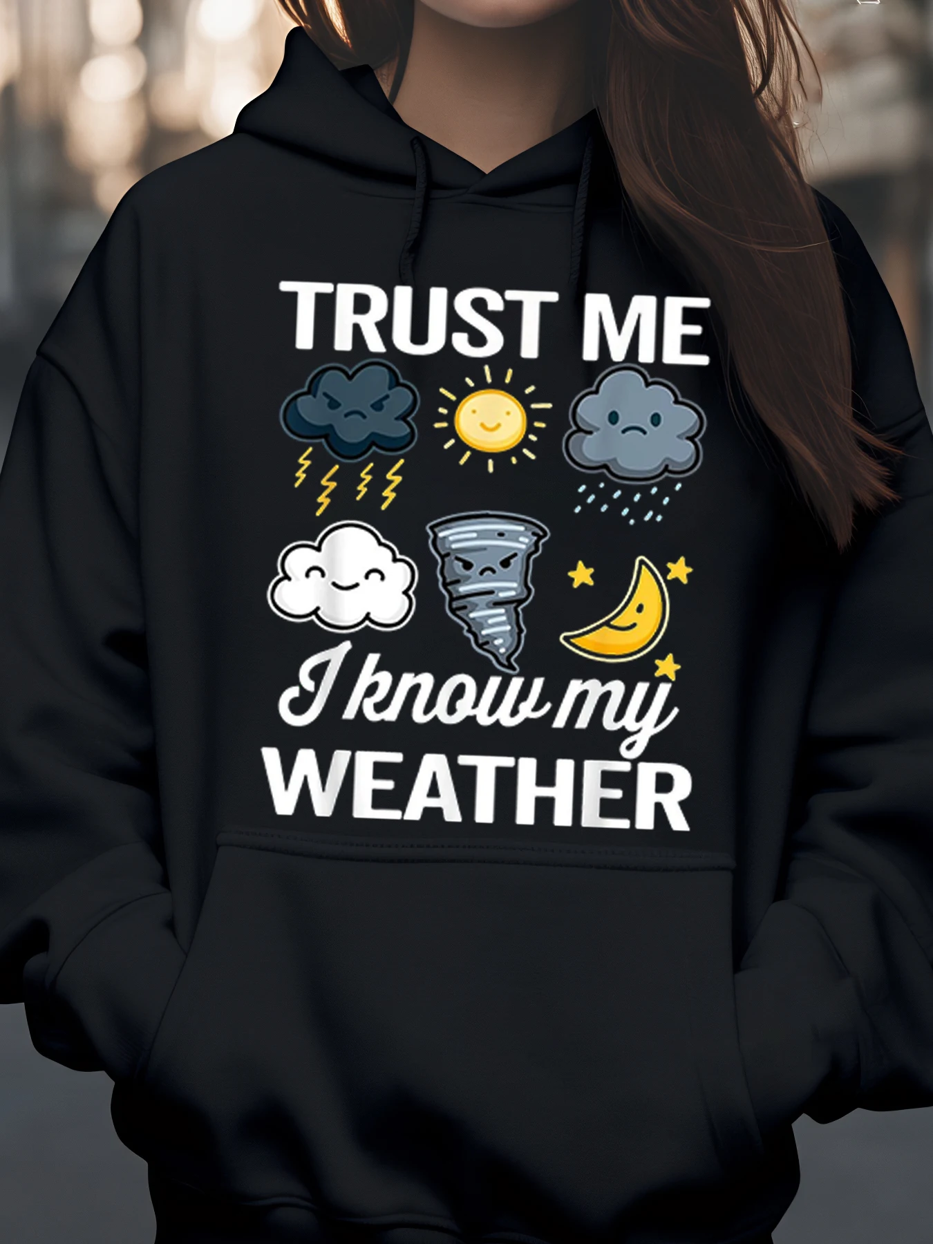 カジュアルウェアの女性と男性向けの天気アイコンとテキストプリントのパーカー