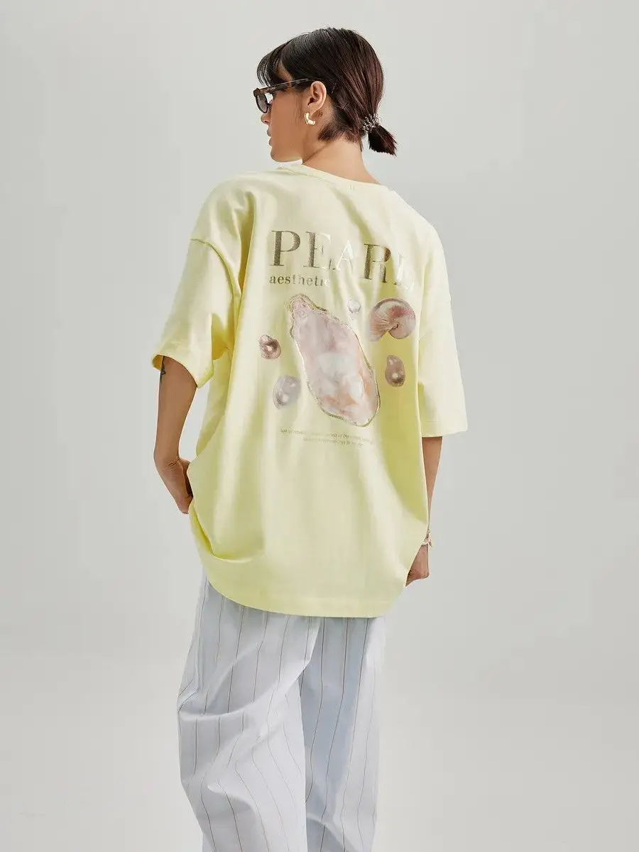 Cute Pearl Oyster Marine Element Printed T-shirt 2025 New Arrival Fashion Versatile Leisure Top Sweet Women Temperament Clothes