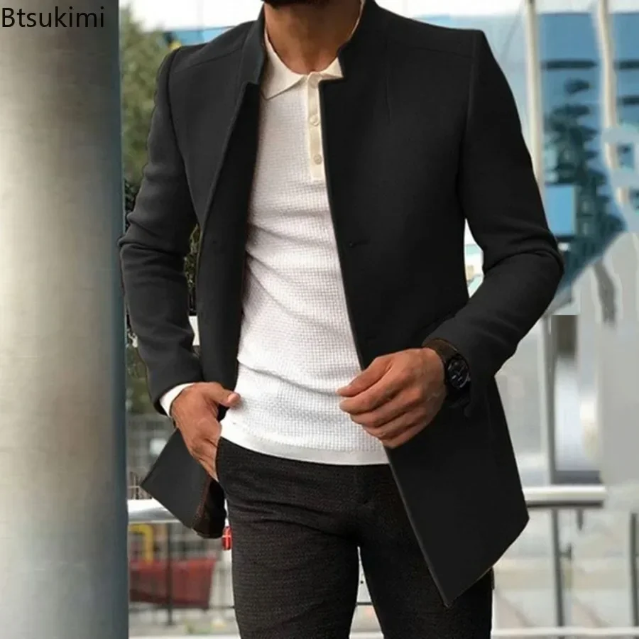 2025 Autumn Winter Fashion Men's Woolen Coats Trend Solid Slim Single Breasted Lapel Long Suit Jacket Man Simple Casual Overcoat