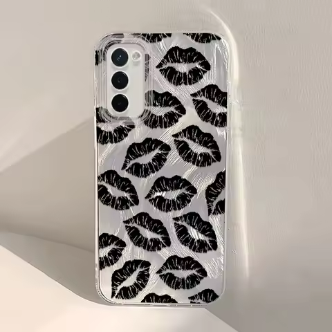 Simple Style Black Lips Pattern IMD Case For Samsung Galaxy S24 S23 S21 Feather Yarn Shockproof Anti Drop Soft Phone Cover Funda