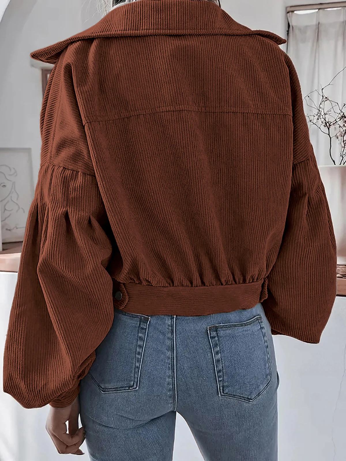 Women's Fashion Cropped Corduroy Jacket Button Down Flap Pockets Short Shacket Lantern Long Sleeves Trendy Outerwear Coats