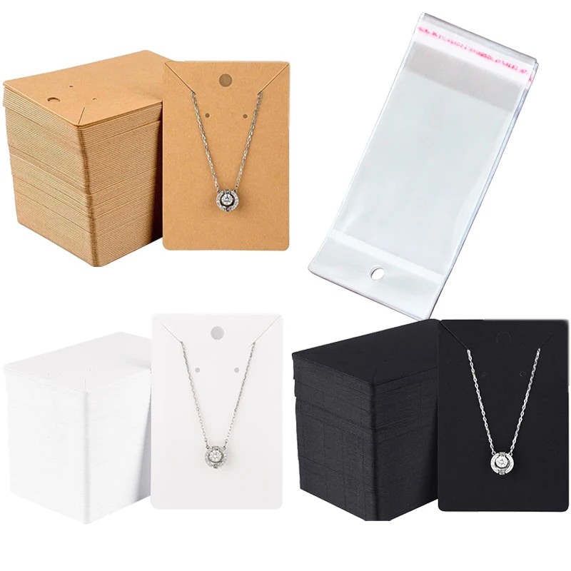 100Pcs Jewelry Display Cards with Self-Seal Bags – Kraft, White & Black Paper, Cardstock for Necklace Earring Organization TMZ
