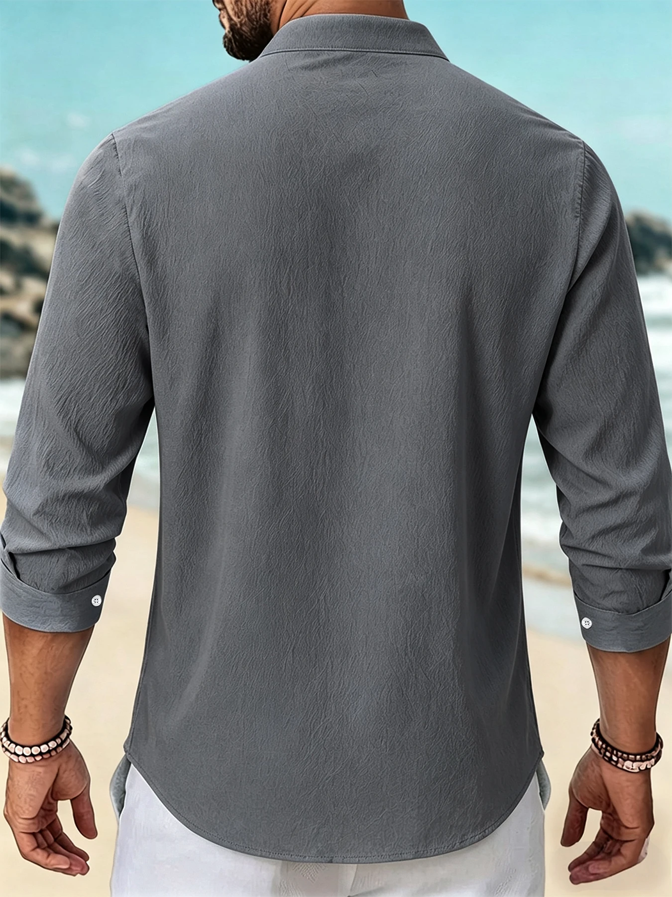 Men Mandarin Collar Henley Shirt Half Button‑Up Long Sleeve Wrinkled Textured Shirt Roll‑Up Cuffs Casual Business Beach Blouse