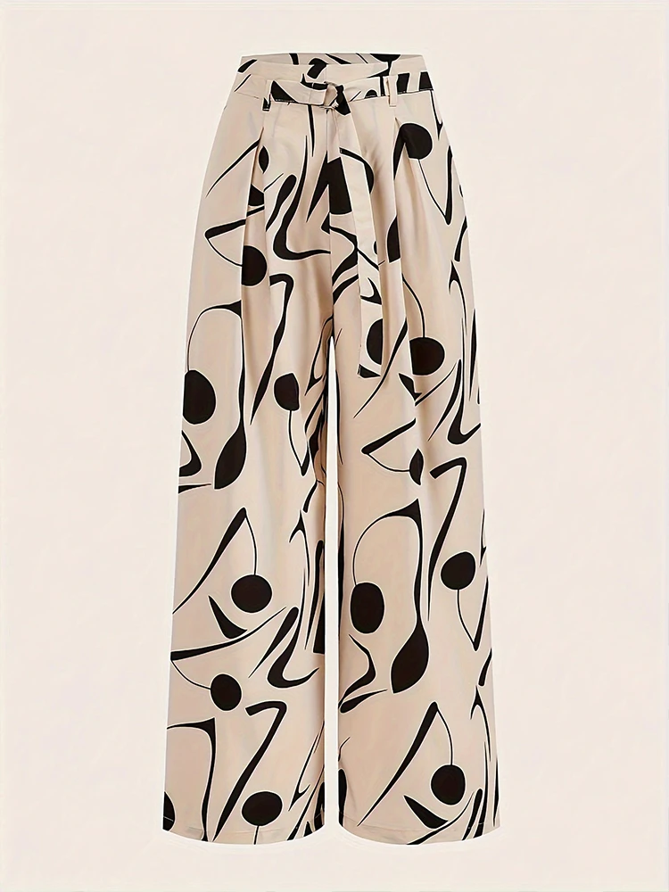 

Ladies Abstract Print Belt Casual Wide Leg Pants Fashionable Loose Fit Trousers for Women